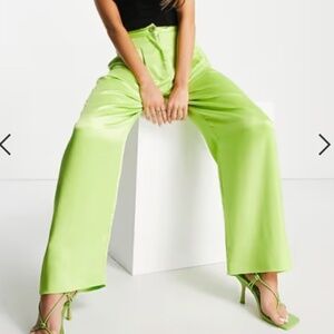 ASOS Special Event Work Wear Satin Lime Green Chic Pleated Wide Leg Pant NWT